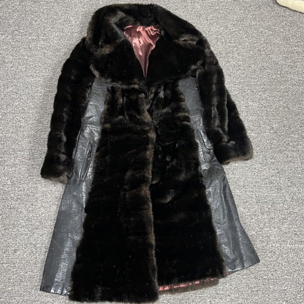 Parissia Faux Fur Leather Trim Coat Womens M Brown Longline Vintage Glam